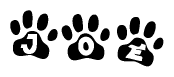 The image shows a series of animal paw prints arranged horizontally. Within each paw print, there's a letter; together they spell Joe