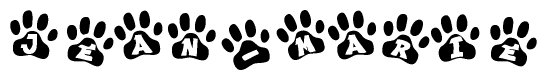 The image shows a series of animal paw prints arranged in a horizontal line. Each paw print contains a letter, and together they spell out the word Jean-marie.