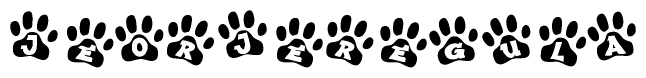 The image shows a series of animal paw prints arranged in a horizontal line. Each paw print contains a letter, and together they spell out the word Jeorjeregula.