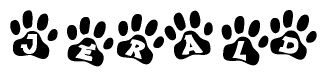 The image shows a series of animal paw prints arranged in a horizontal line. Each paw print contains a letter, and together they spell out the word Jerald.