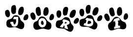 The image shows a row of animal paw prints, each containing a letter. The letters spell out the word Jordi within the paw prints.