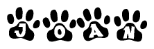 The image shows a row of animal paw prints, each containing a letter. The letters spell out the word Joan within the paw prints.