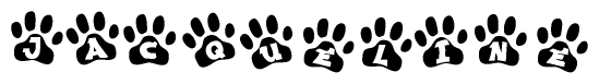 The image shows a series of animal paw prints arranged in a horizontal line. Each paw print contains a letter, and together they spell out the word Jacqueline.