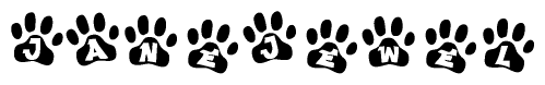 The image shows a row of animal paw prints, each containing a letter. The letters spell out the word Janejewel within the paw prints.
