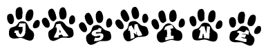 The image shows a row of animal paw prints, each containing a letter. The letters spell out the word Jasmine within the paw prints.