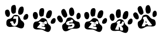 The image shows a series of animal paw prints arranged horizontally. Within each paw print, there's a letter; together they spell Jeseka