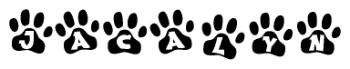 The image shows a series of animal paw prints arranged in a horizontal line. Each paw print contains a letter, and together they spell out the word Jacalyn.