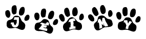 The image shows a series of animal paw prints arranged in a horizontal line. Each paw print contains a letter, and together they spell out the word Jeimy.
