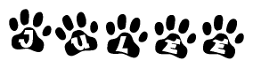The image shows a series of animal paw prints arranged in a horizontal line. Each paw print contains a letter, and together they spell out the word Julee.