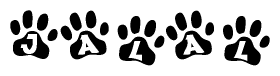 The image shows a series of animal paw prints arranged horizontally. Within each paw print, there's a letter; together they spell Jalal