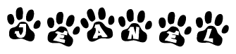 The image shows a series of animal paw prints arranged horizontally. Within each paw print, there's a letter; together they spell Jeanel