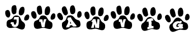 The image shows a row of animal paw prints, each containing a letter. The letters spell out the word Jvanvig within the paw prints.