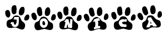 The image shows a row of animal paw prints, each containing a letter. The letters spell out the word Jonica within the paw prints.