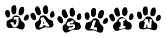 The image shows a series of animal paw prints arranged in a horizontal line. Each paw print contains a letter, and together they spell out the word Jaslin.
