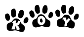 The image shows a series of animal paw prints arranged horizontally. Within each paw print, there's a letter; together they spell Koy