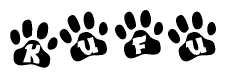 The image shows a series of animal paw prints arranged in a horizontal line. Each paw print contains a letter, and together they spell out the word Kufu.
