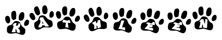 The image shows a series of animal paw prints arranged in a horizontal line. Each paw print contains a letter, and together they spell out the word Kathleen.
