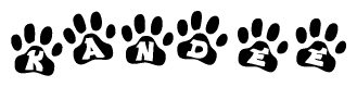 The image shows a row of animal paw prints, each containing a letter. The letters spell out the word Kandee within the paw prints.