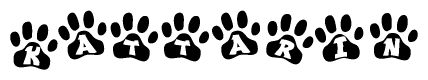 The image shows a row of animal paw prints, each containing a letter. The letters spell out the word Kattarin within the paw prints.