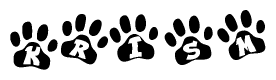 The image shows a row of animal paw prints, each containing a letter. The letters spell out the word Krism within the paw prints.