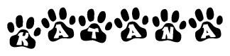The image shows a series of animal paw prints arranged horizontally. Within each paw print, there's a letter; together they spell Katana