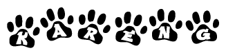 The image shows a series of animal paw prints arranged horizontally. Within each paw print, there's a letter; together they spell Kareng
