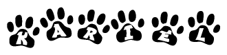 The image shows a series of animal paw prints arranged horizontally. Within each paw print, there's a letter; together they spell Kariel
