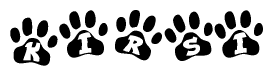 The image shows a series of animal paw prints arranged horizontally. Within each paw print, there's a letter; together they spell Kirsi