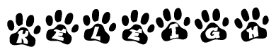 The image shows a series of animal paw prints arranged in a horizontal line. Each paw print contains a letter, and together they spell out the word Keleigh.