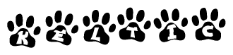 The image shows a row of animal paw prints, each containing a letter. The letters spell out the word Keltic within the paw prints.
