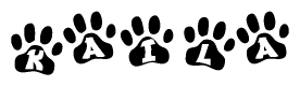 The image shows a series of animal paw prints arranged horizontally. Within each paw print, there's a letter; together they spell Kaila