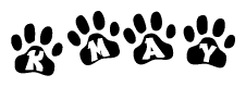 The image shows a series of animal paw prints arranged horizontally. Within each paw print, there's a letter; together they spell Kmay