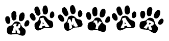 The image shows a series of animal paw prints arranged in a horizontal line. Each paw print contains a letter, and together they spell out the word Kamyar.