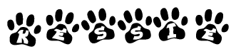 The image shows a row of animal paw prints, each containing a letter. The letters spell out the word Kessie within the paw prints.