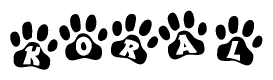The image shows a series of animal paw prints arranged horizontally. Within each paw print, there's a letter; together they spell Koral