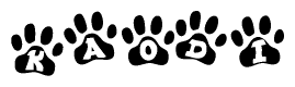 The image shows a series of animal paw prints arranged horizontally. Within each paw print, there's a letter; together they spell Kaodi