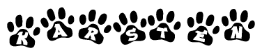 The image shows a series of animal paw prints arranged horizontally. Within each paw print, there's a letter; together they spell Karsten