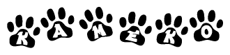 The image shows a series of animal paw prints arranged in a horizontal line. Each paw print contains a letter, and together they spell out the word Kameko.