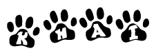 The image shows a row of animal paw prints, each containing a letter. The letters spell out the word Khai within the paw prints.