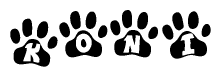 The image shows a row of animal paw prints, each containing a letter. The letters spell out the word Koni within the paw prints.
