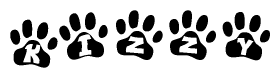 The image shows a row of animal paw prints, each containing a letter. The letters spell out the word Kizzy within the paw prints.