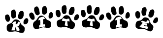 The image shows a series of animal paw prints arranged horizontally. Within each paw print, there's a letter; together they spell Kittie