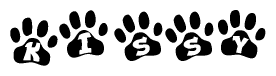 The image shows a row of animal paw prints, each containing a letter. The letters spell out the word Kissy within the paw prints.