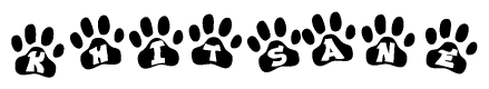 The image shows a series of animal paw prints arranged in a horizontal line. Each paw print contains a letter, and together they spell out the word Khitsane.