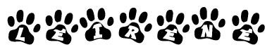 The image shows a series of animal paw prints arranged in a horizontal line. Each paw print contains a letter, and together they spell out the word Leirene.