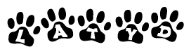 The image shows a row of animal paw prints, each containing a letter. The letters spell out the word Latyd within the paw prints.