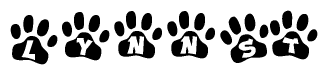 The image shows a series of animal paw prints arranged in a horizontal line. Each paw print contains a letter, and together they spell out the word Lynnst.
