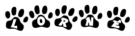 The image shows a row of animal paw prints, each containing a letter. The letters spell out the word Lorne within the paw prints.