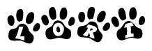 The image shows a series of animal paw prints arranged in a horizontal line. Each paw print contains a letter, and together they spell out the word Lori.