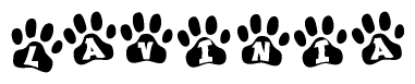 The image shows a row of animal paw prints, each containing a letter. The letters spell out the word Lavinia within the paw prints.